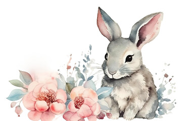 Spring Hand Pink color drawing water composition rabbit flowers