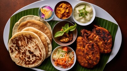 Authentic Sri Lankan different street food, short eats. Vegetable roti, coconut roti, cutlets, mutton rolls on white plate. View from above. Copy space.


