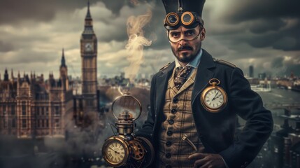 time Traveler in period attire holds a pocket watch, with the iconic Big Ben and London skyline in...