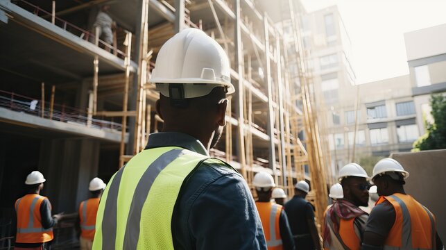 Back view of African-American foreman in uniform supervising team of builders at construction site. Black constructor in hardhat watching his colleagues renovating apartment.


