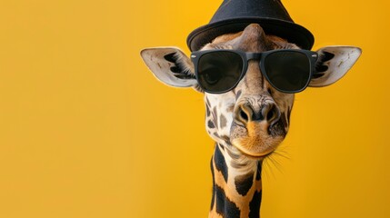 a close up portrait shot of a head of a giraffe wearing black sunglasses and a hat, comic style 