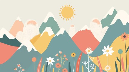 Abstract serene illustration featuring layered mountains with a warm sun and blooming flowers in a calming color palette, invoking a sense of peace and nature's beauty