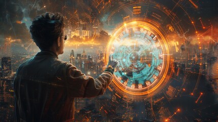 Time traveler in front of a futuristic cityscape interacts with a complex holographic interface displaying time in circular diagrams.