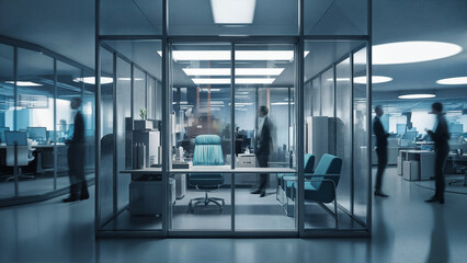 Office room  with glass walls with blurred workers around, abstract background.