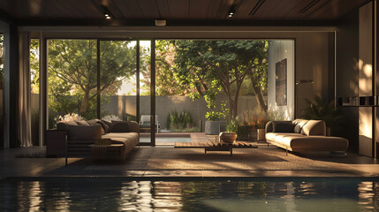 Living room of a beautiful dark modern house with large windows opening onto a swimming pool