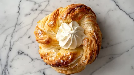 Foto op Plexiglas Modern puff pastry filled with cream on a marble countertop © standret