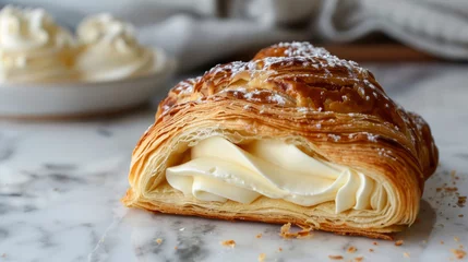 Foto op Plexiglas Modern puff pastry filled with cream on a marble countertop © standret