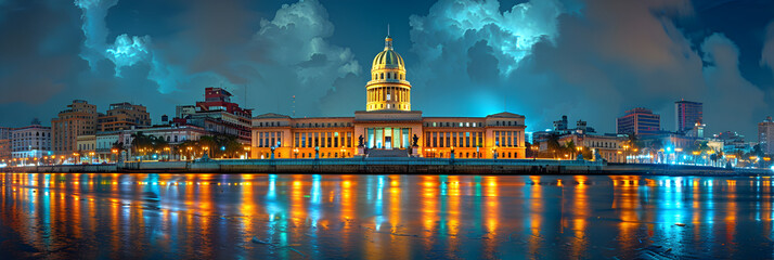 El Capitolio floodlit at night former Congress,
View of moscow in night - obrazy, fototapety, plakaty