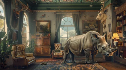 Zelfklevend Fotobehang Strange room with rhino in it © standret