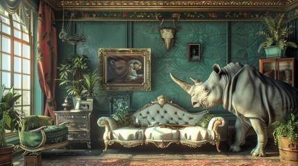 Tuinposter Strange room with rhino in it © standret