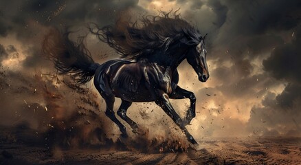 Fiery October Night: A Black Horse Runs Through the Dust Generative AI