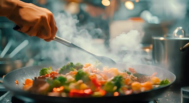 A close-up shot of a chef expertly preparing a gourmet meal in a high-end restaurant kitchen, with steam rising from the pan