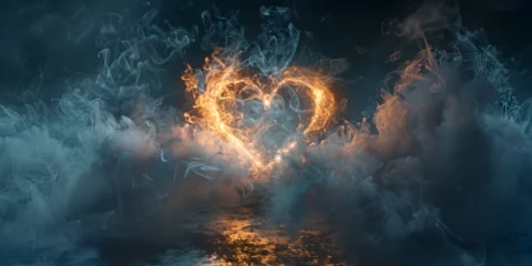 Fotobehang  Burning heart on a dark background, A heart made of fire and sparks. © Joun
