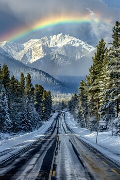Winter Highway Rainbow: HD Image of a Vibrant Arch Over a Snow-Lined Road, Flanked by Pine Trees and Majestic Mountains.