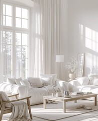 Sunlit Living Room with White Furniture and White Sheets Generative AI