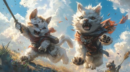 Adventurous fantasy kittens charging into battle with fearless expressions - obrazy, fototapety, plakaty