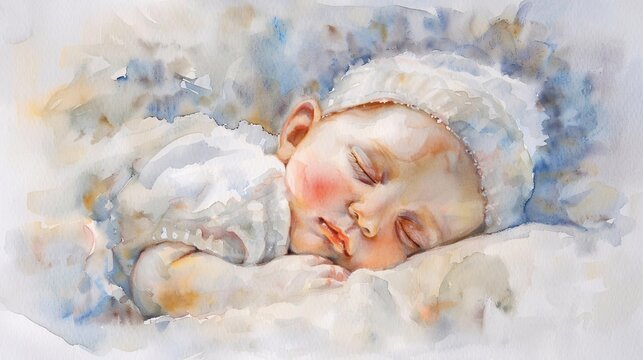 Sleeping Beauty: A Watercolor Painting of a Baby Sleeping in a White Dress Generative AI