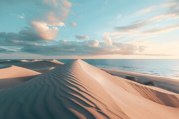 Wide-angle capture of serene sand dunes and ocean vista in warm, soft lighting, showcasing ultra-realistic unsplash-style photography. - obrazy, fototapety, plakaty
