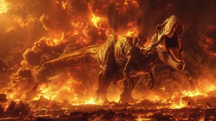 Ferocious Dinosaur roaring in the midst of a cataclysmic volcanic eruption and firestorm