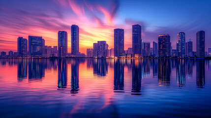 Vibrant sunset and city reflections in waterfront scene - obrazy, fototapety, plakaty