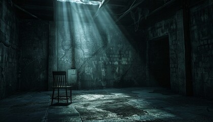Abandoned Building with a Chair and a Light Shining Through the Roof Generative AI - obrazy, fototapety, plakaty