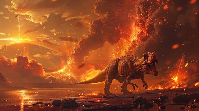 Prehistoric dinosaur in a catastrophic volcanic eruption landscape