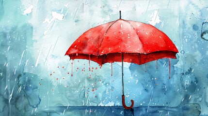 Rainy Day Red Umbrella Generative AI - obrazy, fototapety, plakaty