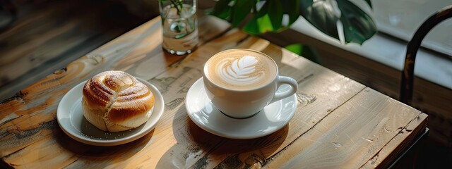 A cup of cappuccino with a bun