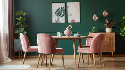 pastel pink color chairs at wooden dining table. Sofa near dark green wall. Mid-Century modern...