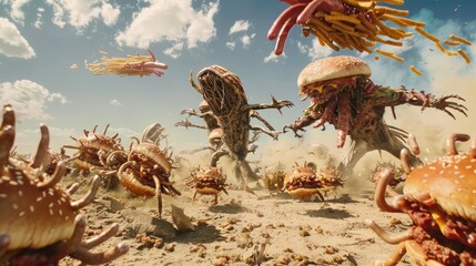 A wide cinematic shot of an absurd science fiction battle. One side is an army of hot dog monsters.  - obrazy, fototapety, plakaty
