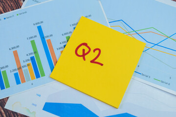 Concept of Q2 - 2nd Quarter Period write on sticky notes isolated on Wooden Table.