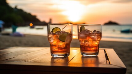 drinks with blur beach and sunset in background.


 - obrazy, fototapety, plakaty