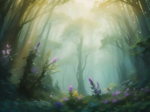 beautiful forest with little flowers green pink and myst fog intro image 