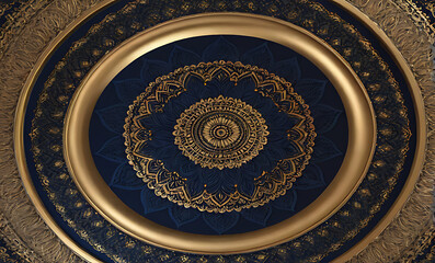 background, model of ceiling decoration with 3d wallpaper. decorative frame on a luxurious background of blue gold marble and mandala
