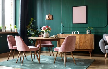 pastel pink color chairs at wooden dining table. Sofa near dark green wall. Mid-Century modern living room Interior Design. Scandinavian, home interior.
