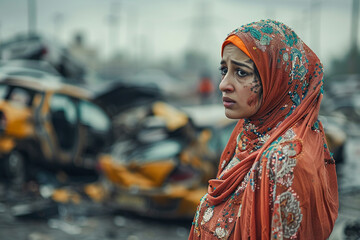 The immediate response to a car accident involving a Muslim woman depicted with the vivid detail of documentary photography - obrazy, fototapety, plakaty