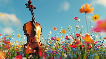 Violin in a Field of Flowers: A Catchy and Optimized Adobe Stock Title for a Creative and Visible Image Generative AI - obrazy, fototapety, plakaty