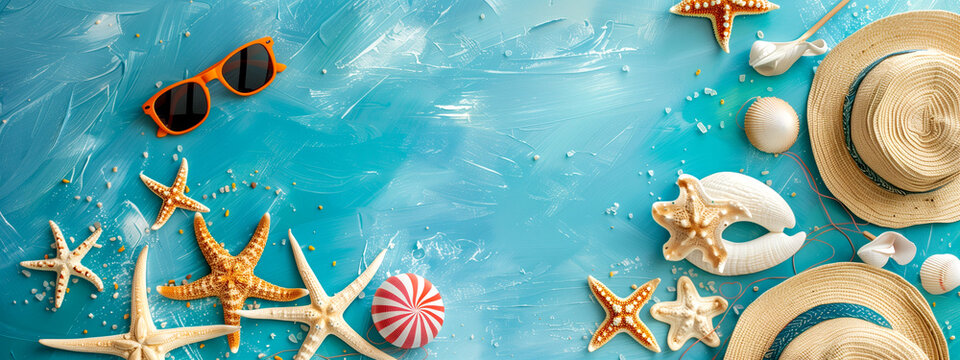 Beach Scene with Starfish, Seashells and Hat
