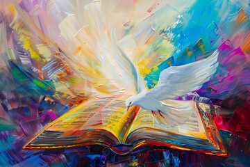 Fly High with the Book of Life: A Colorful and Vibrant Painting of a White Bird Flying Over a Book Generative AI