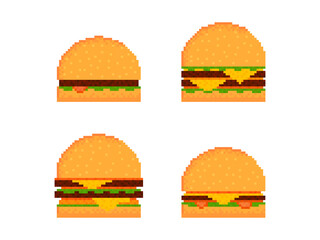 Pixel burger icon set isolated on white background. 8-bit cheeseburger with two cutlets and cheese. Collection of cheeseburger and hamburger icons in pixel art style. Vector illustration