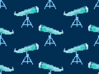 Pixel telescope seamless pattern. Telescope on a tripod in pixel art style. 8-bit astronomical telescope for observing outer space. Design for print wallpaper, banner and poster. Vector illustration