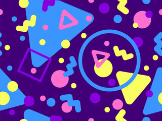 Memphis seamless pattern with geometric shapes in 80s and 90s style. Geometric shapes of different shapes and colors. Design of promotional products, wrapping paper and printing. Vector illustration