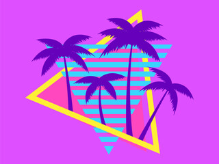 Palm trees in the futuristic style of the 80s. Triangle with silhouettes of tropical palm trees synthwave 80s. Design for banners and posters, advertising products. Vector illustration