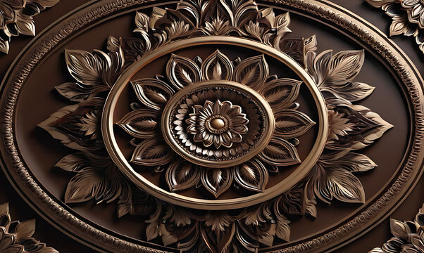 background, model of ceiling decoration with 3d wallpaper. decorative frame on a luxurious background of brown wood and mandala