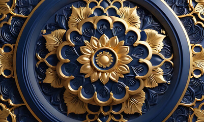 background, model of ceiling decoration with 3d wallpaper. decorative frame on a luxurious background of blue gold marble and mandala