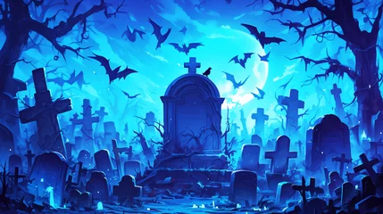 Zelfklevend Fotobehang Halloween night background, Horror scene of graveyard and bat, illustration for poster banner © kitti