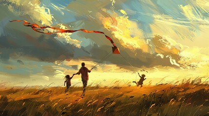 Family running through field, kite flying high. - obrazy, fototapety, plakaty