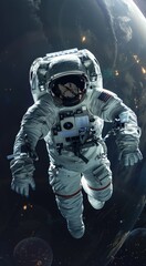 An astronaut floating in space, with Earth and the moon visible behind him. Fantasy scene. 