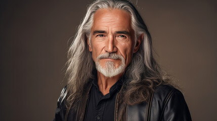 Handsome elderly Latino with long gray hair, on a silver background, banner.