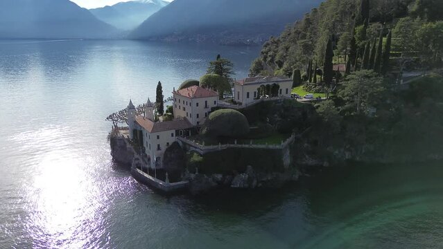 Aerial view of Villa Balbianello peninsula on Lake Como